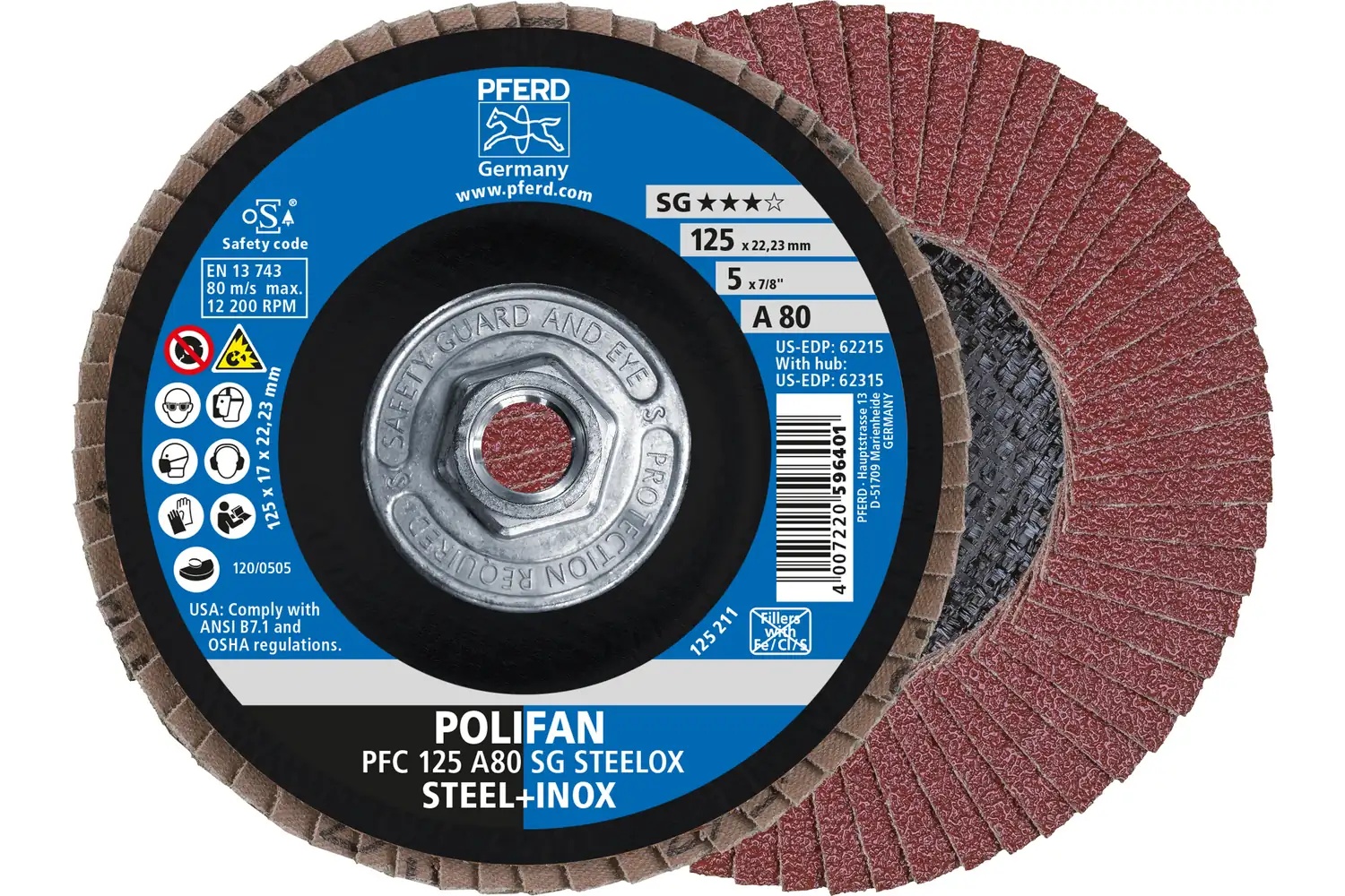Picture of Pferd Flap Disc, 5" x 5/8-11, A SG Steelox, 80 Grit, T29, Conical, Aluminum oxide